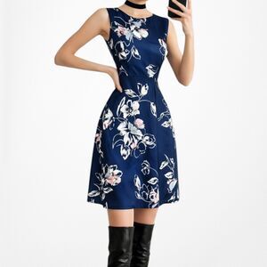 Vintage Y2K Blue Sleeveless Floral Knee Length Flared A-Line Knit Dress Size M